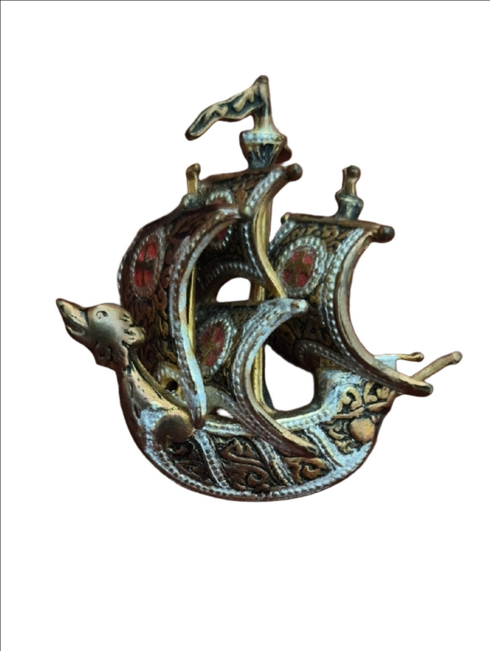 Vintage Brass Ship Brooch with Red Enamel Accents